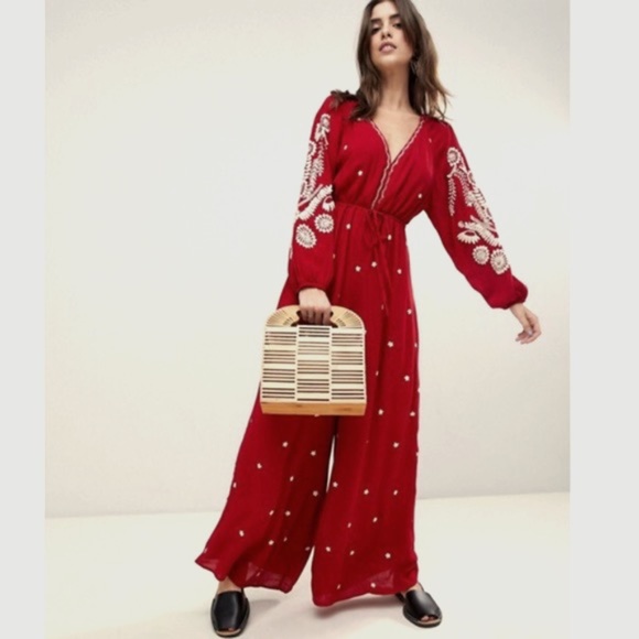 Free People Pants - Free People Red White Floral Embroidered Wide Leg Long Sleeve Jumpsuit Size XS